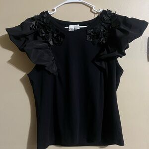 HERE & NOW Black Ruffle Sleeve Floral Embellished Top